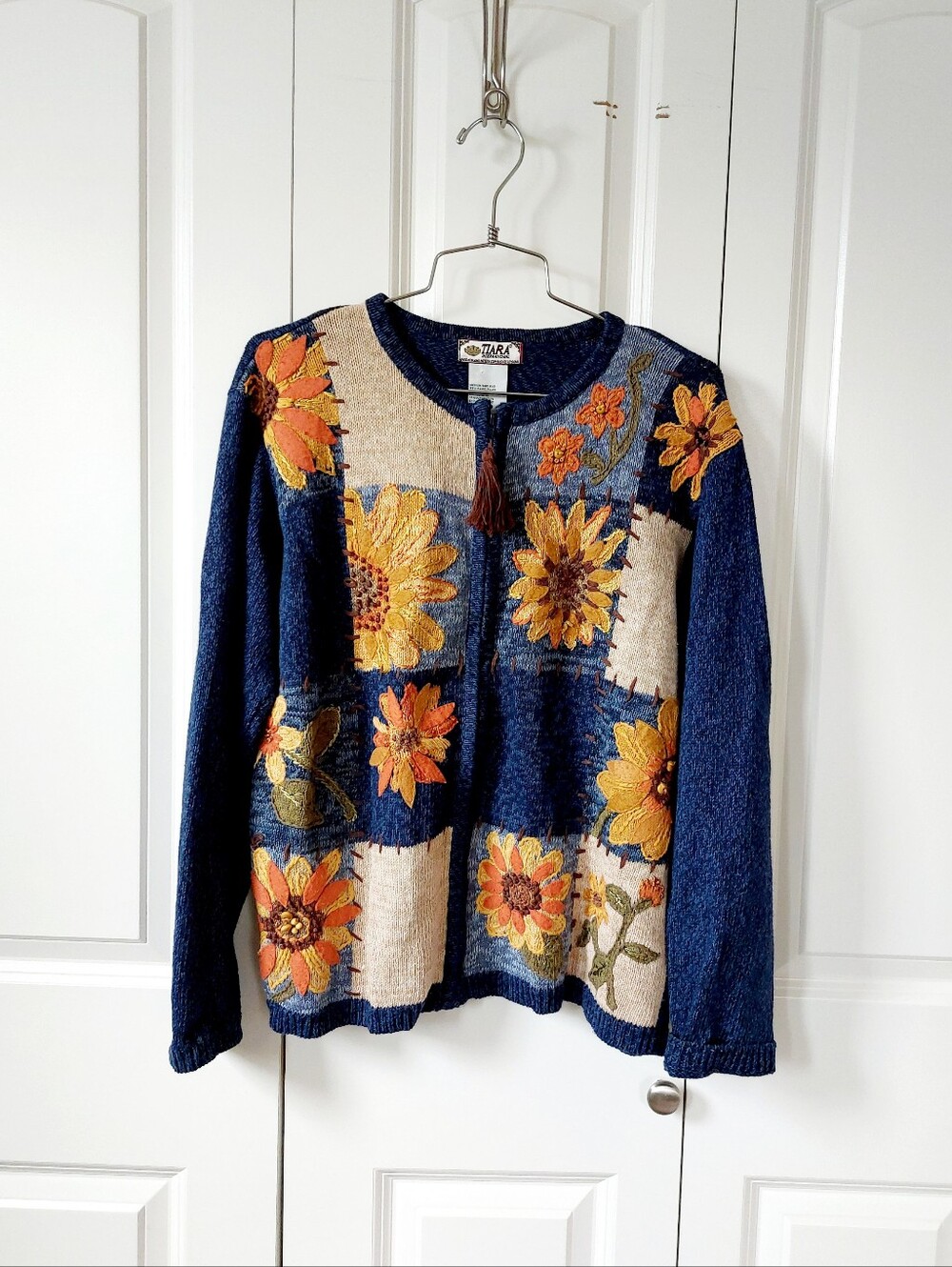 Autumn Beaded Sunflower Zip Cardigan Medium Tiara Cottagecore Granny Teacher